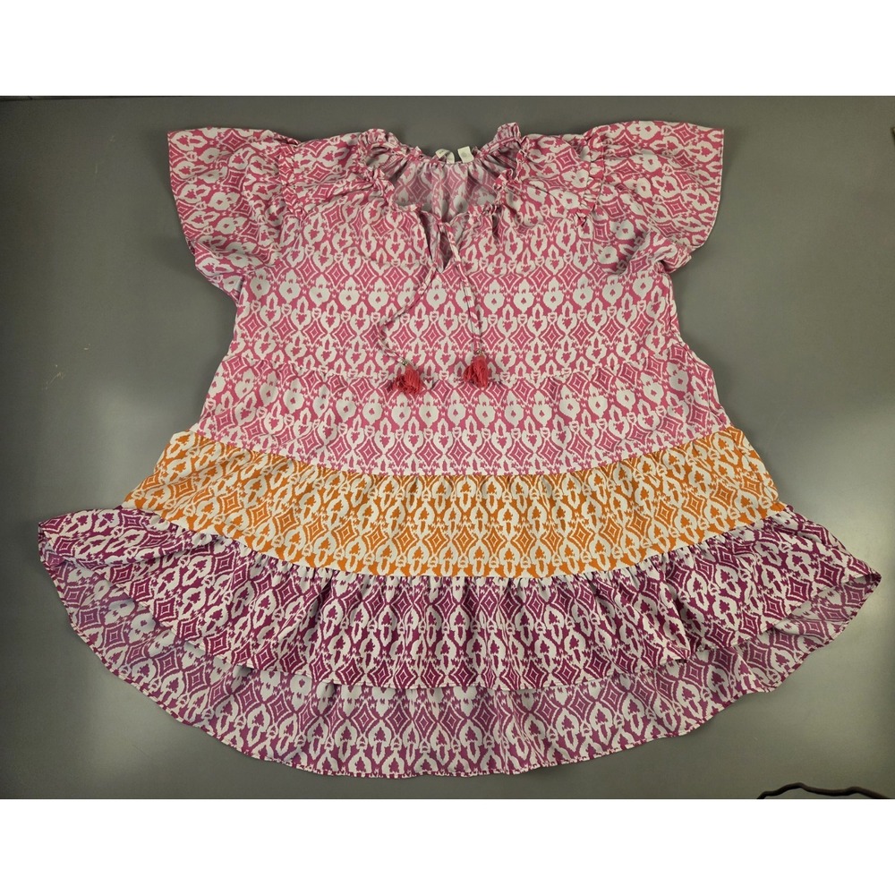 Cato Sz Large Pink Tiered Boho Peasant Top Blouse‎ Tunic Tassel